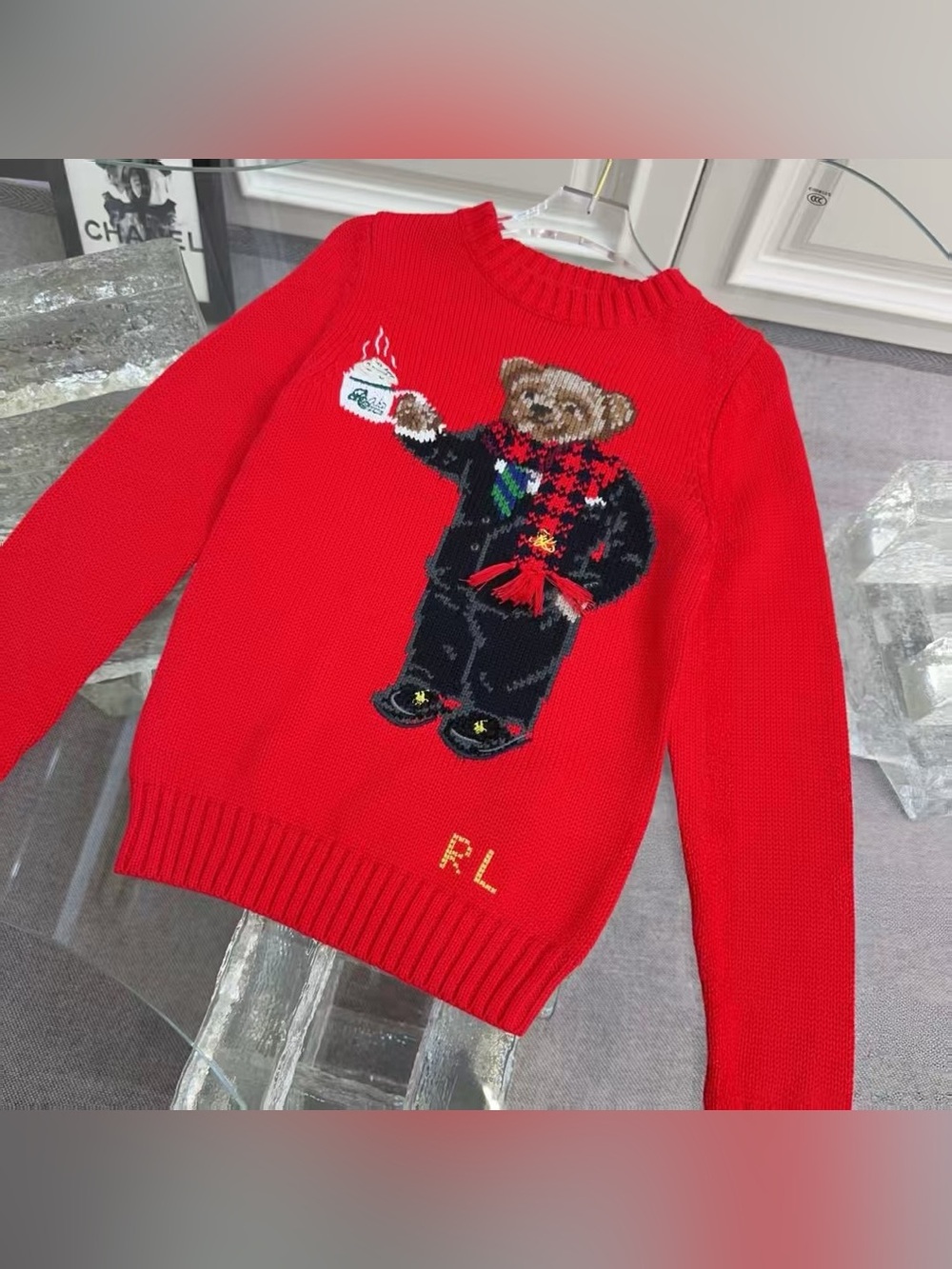 Polo Ralph Lauren Red Holiday Hot‑Cocoa Polo Bear Crewneck Sweater